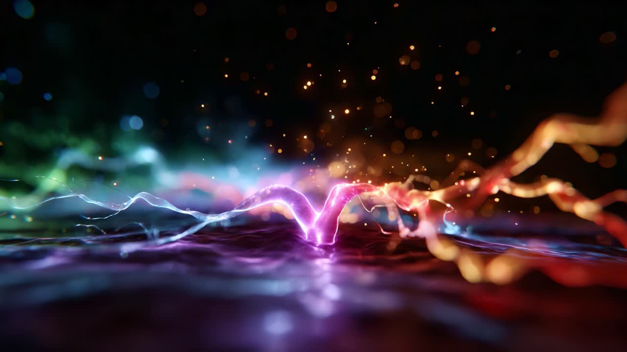 Vibrante flusso di energia: una straordinaria rappresentazione visiva di onde di luce colorate e particelle scintillanti in un ambiente dinamico