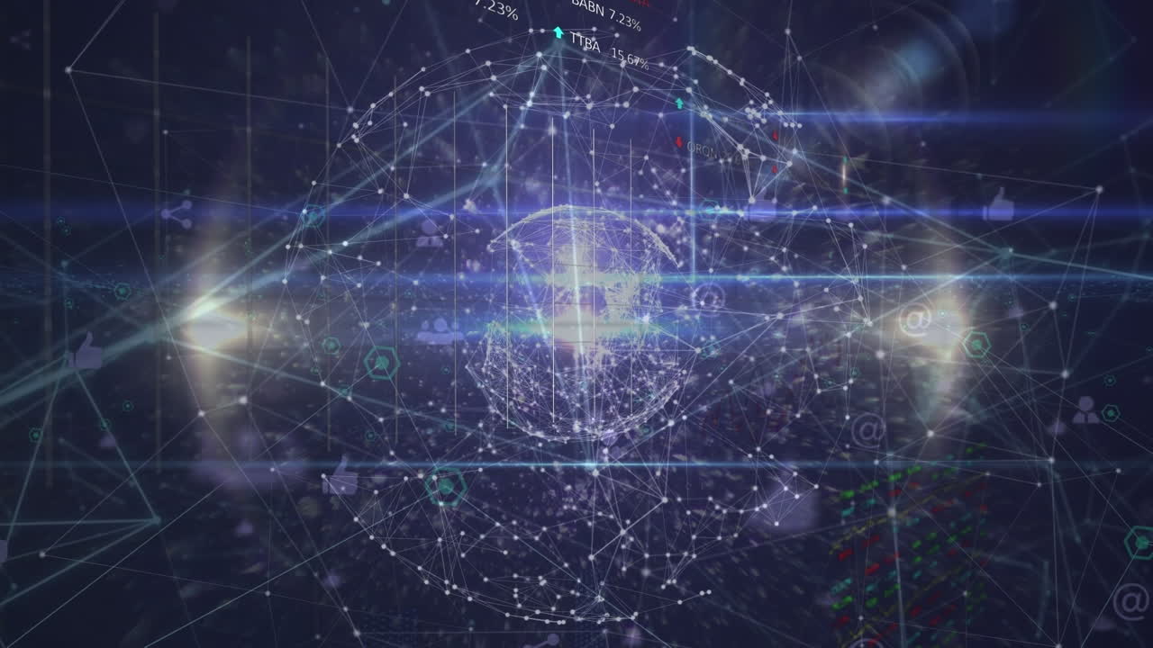 파란색 배경에 데이터 처리 및 연결 네트워크의 애니메이션