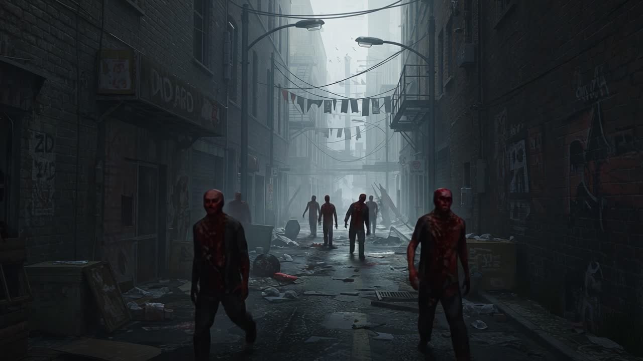A haunting scene in a desolate alleyway, featuring shadowy, bloodied figures emerging from the fog, amidst debris and remnants of a once bustling urban environment