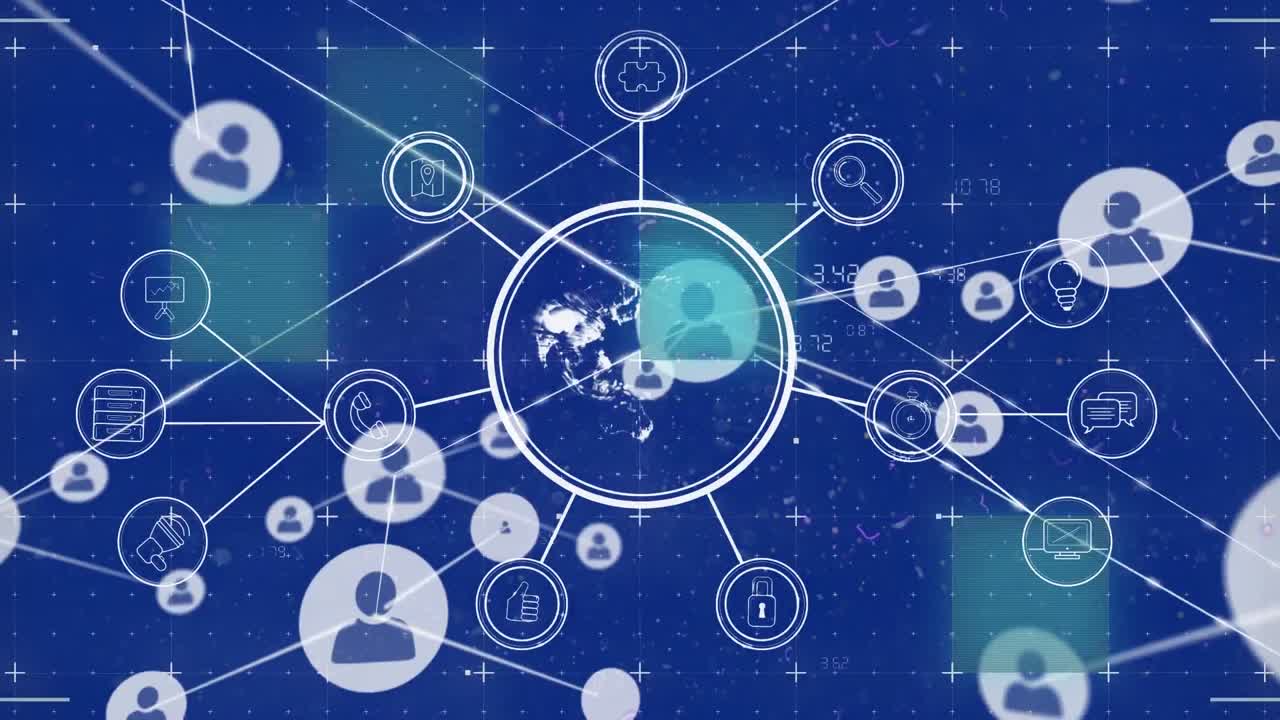 연결된 사람들의 네트워크와 미디어 아이콘을 파란색에 색으로 표시하는 인터페이스의 애니메이션