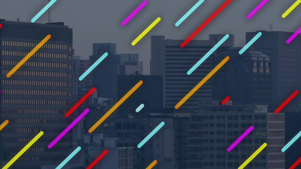 Colorful diagonal lines animation over city skyline with tall buildings