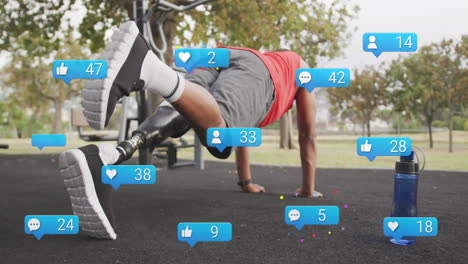 animación de iconos de las redes sociales con números, hombre afroamericano con pierna protésica haciendo plancha.