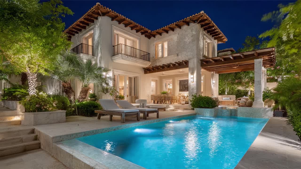 Stunning Modern Villa with Expansive Pool and Lush Landscaping in the Perfect Evening Light, Creating an Inviting Atmosphere for Luxury Living and Relaxation