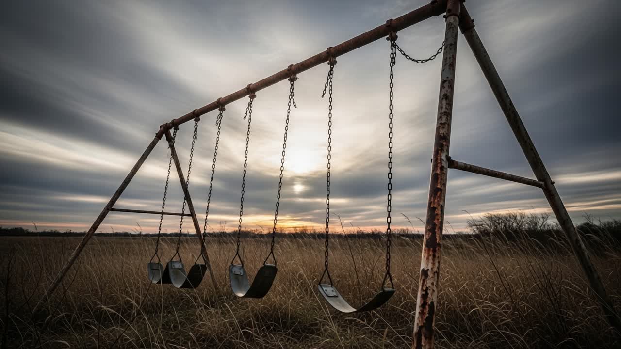 An Abandoned Swing Set in a Field at Dusk, Surrounded by Tall Grass and a Dramatic Sky, Evokes Nostalgia and Enchantment in a Quiet Landscape