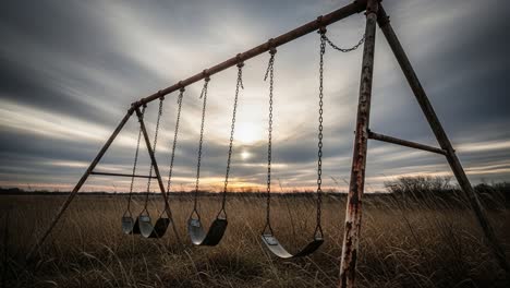 an abandoned swing set in a field at dusk, surrounded by tall grass and a dramatic sky, evokes nostalgia and enchantment in a quiet landscape