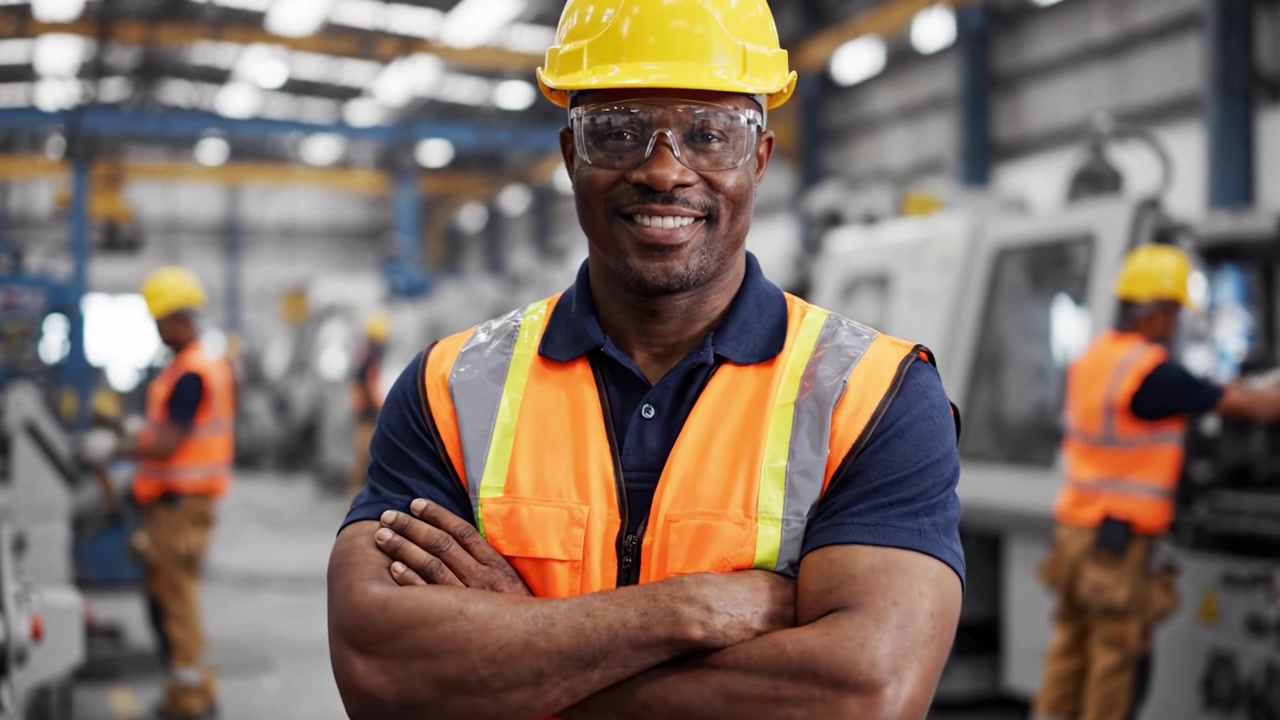 Confident Worker in Safety Gear in an Industrial Workshop, Showcasing Skills Amidst Equipment and Colleagues, Emphasizing Safety and Teamwork in Manufacturing