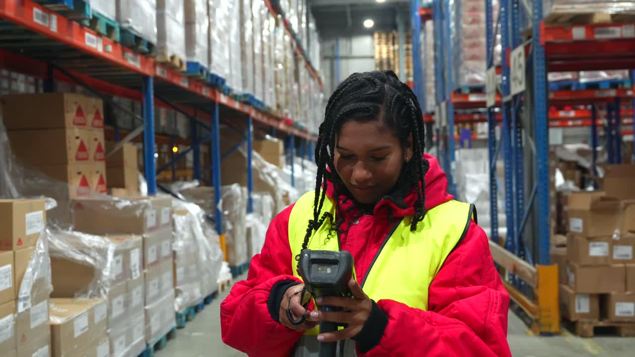 A warehouse worker scans inventory with a barcode scanner