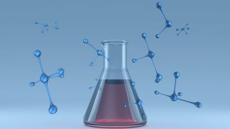 animation of nucleotides and liquid filled beaker on table against blue background