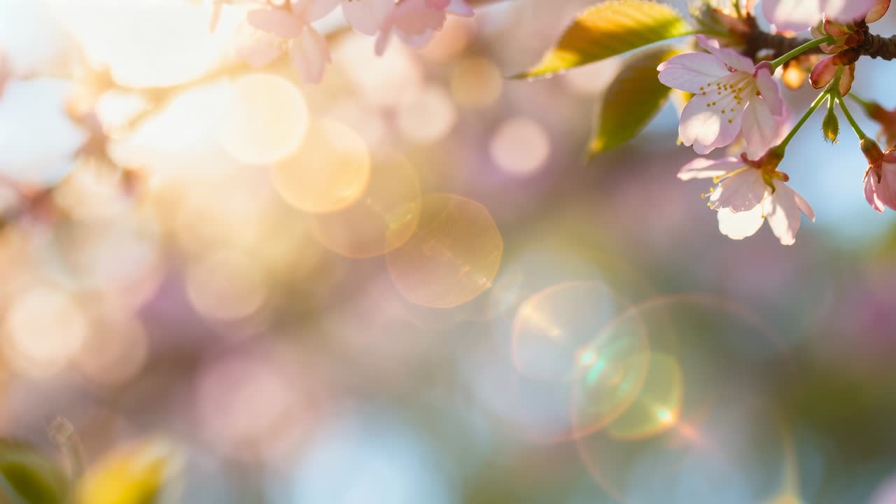 庭で、カメラのフォーカス送りの後、ピンクの桜の花が咲く揺れる枝にピントが合い、レンズフレアが現れる。