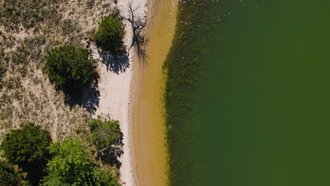 bird's eye track of the light shoreline at a man-made lake