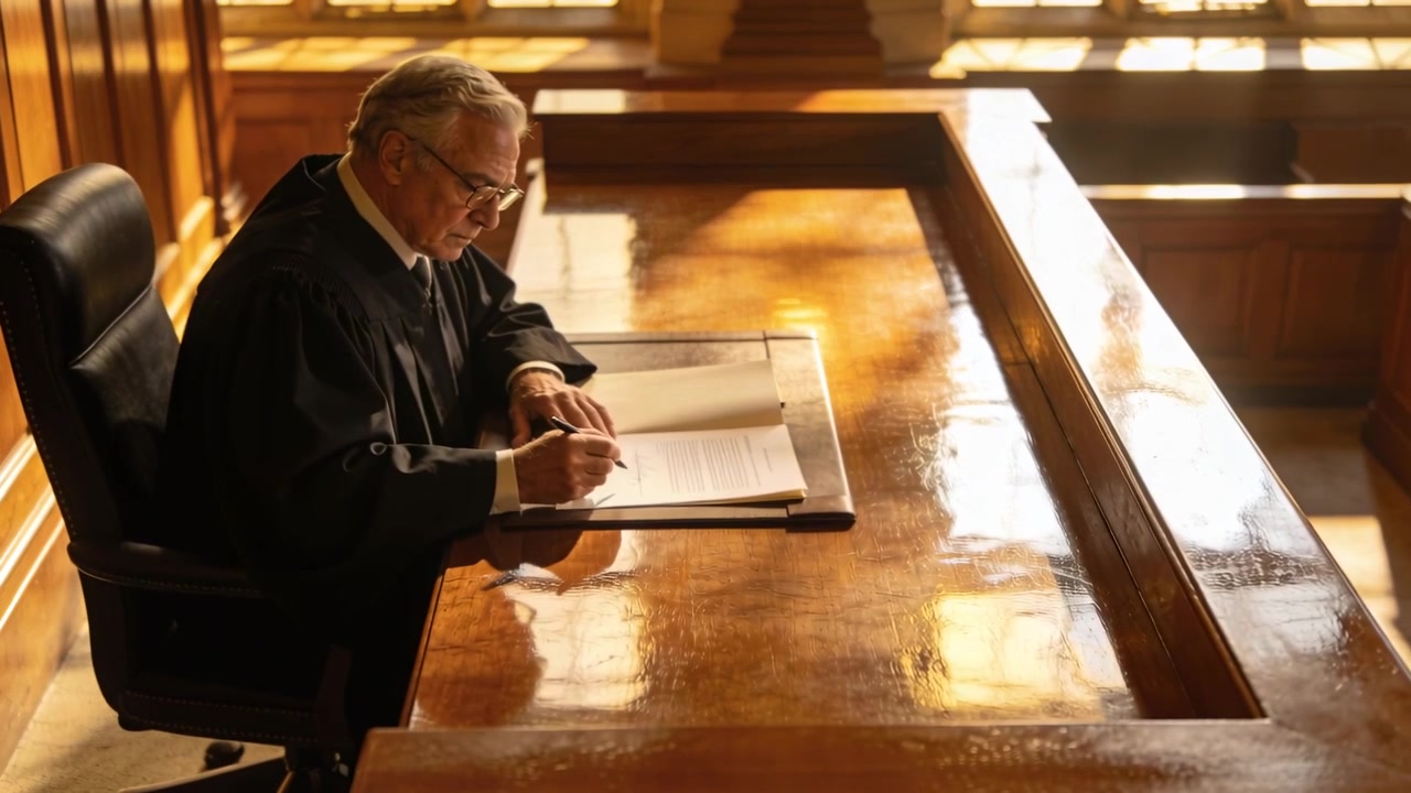Reading file, senior judge in black robe signing document at bench, finalizing record with pen