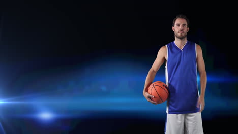 Animación-De-Un-Jugador-De-Baloncesto-Caucásico-Sosteniendo-Una-Pelota,-Sobre-Fondo-Azul-Con-Luz-Pulsante