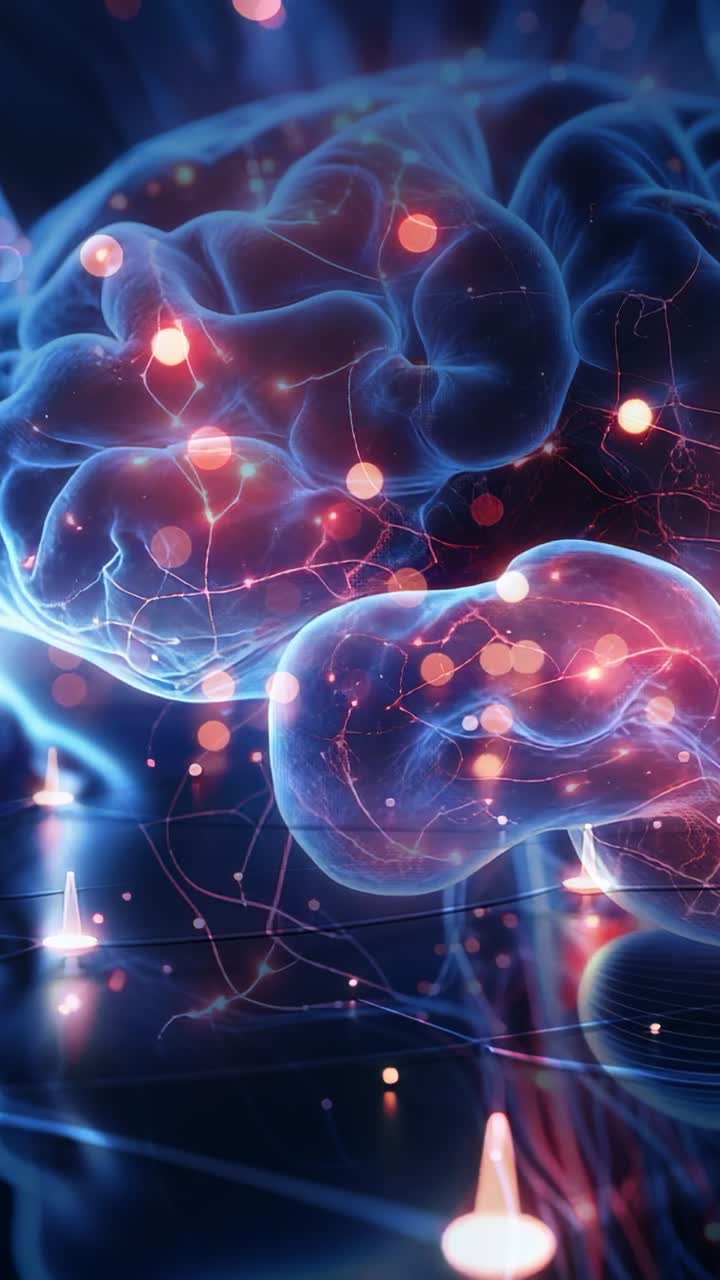 Vertical video: Pulsing nodes initiating energy flow across translucent brains in dark void