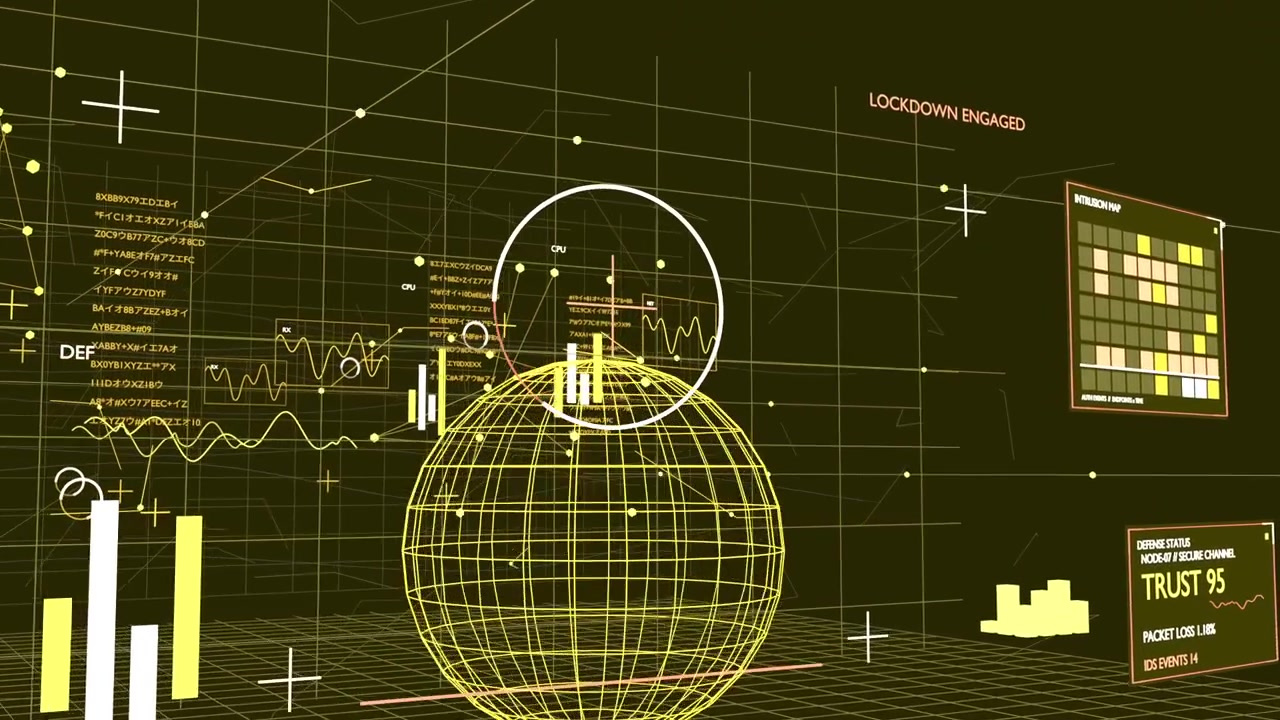 Scanning yellow wireframe sphere at grid HUD after or INTRUSION DETECTED, ring oscillating TRU