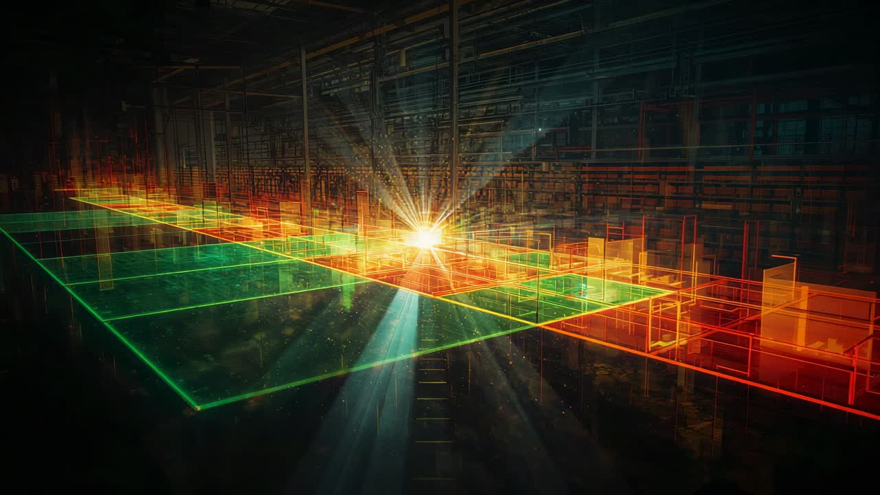 Pulsing golden orb sweeping beams across industrial interior grid, energizing neon wireframes