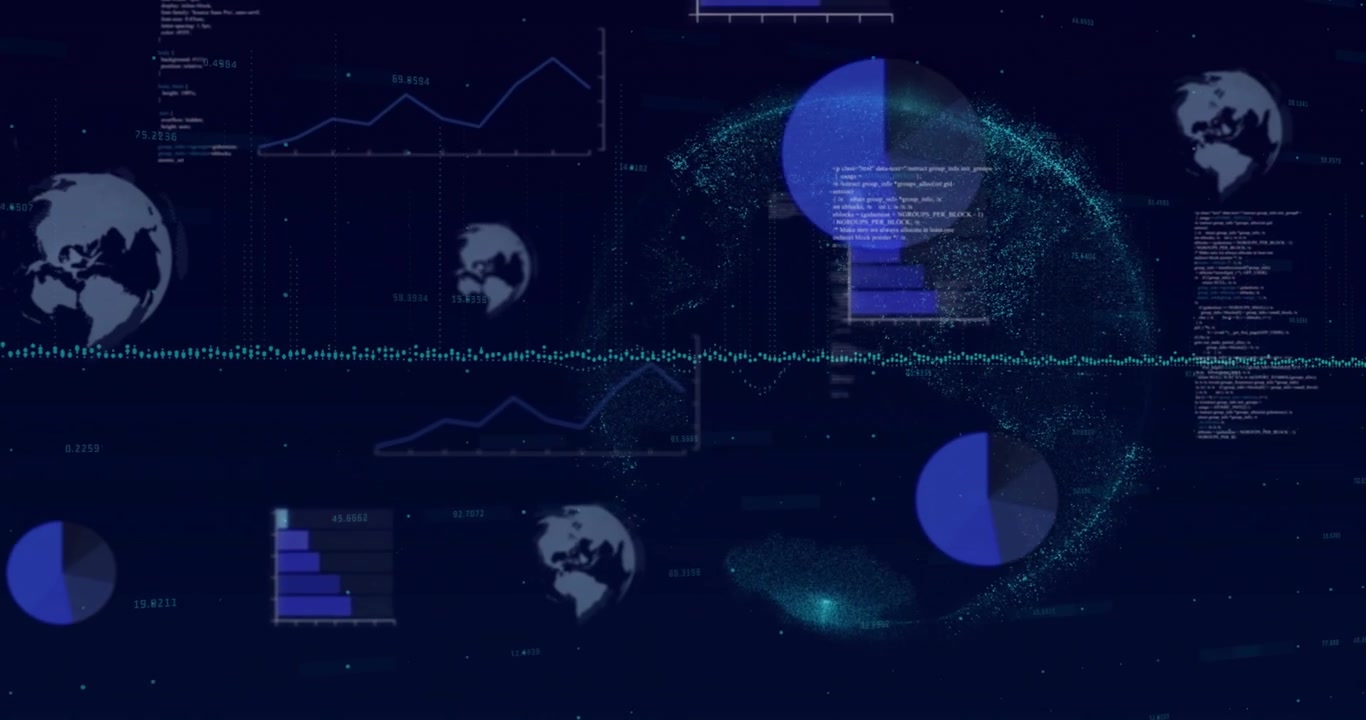 Dotted waveform pulsing, pie charts and bars moving and scaling toward particle globe, showing data