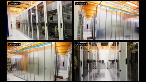 composite of views from four security cameras in computer server rooms of a business