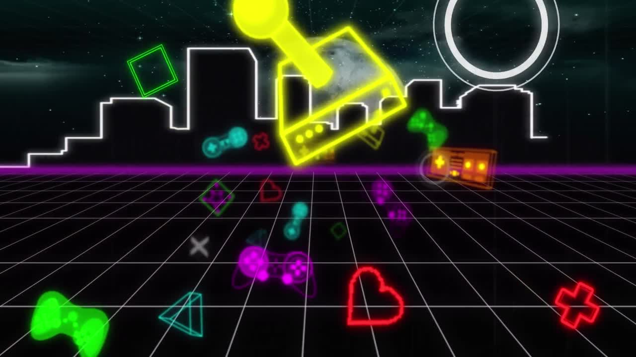 네온 비디오 게임 디지털 인터페이스가 그리드 위에서  ⁇ 박이는 애니메이션