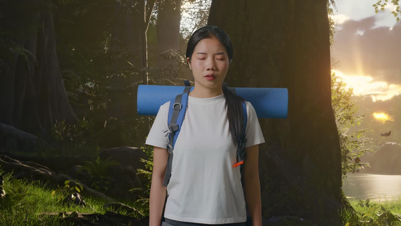 산악 배 을 들고 있는 아시아 여성 하이커 가 숲 의 자연 을 탐험 하는 동안 머리 를 흔들고 불만족 한 얼굴 을 하고 있다