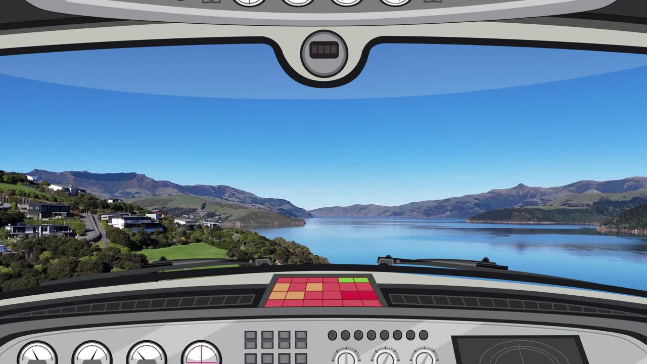 Animation of a cockpit view flying over a coastal landscape with clear skies and serene waters