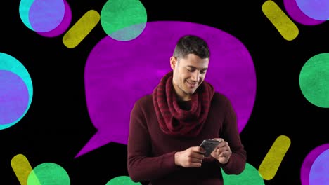 animación de un hombre sonriente usando un teléfono inteligente con burbujas de habla vibrantes y formas coloridas