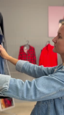 young caucasian woman looking at clothing, hanging on hangers. shopping in women’s clothing store. hd video