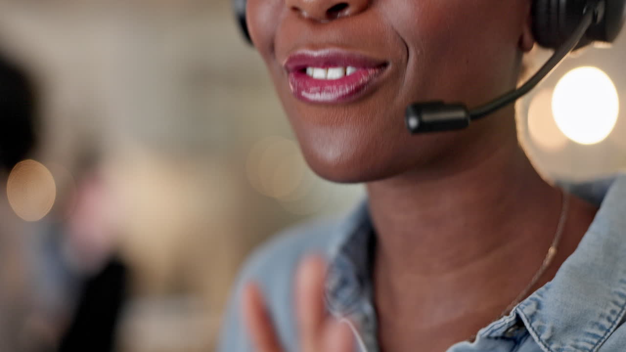 Woman, call center and mouth consulting on mic