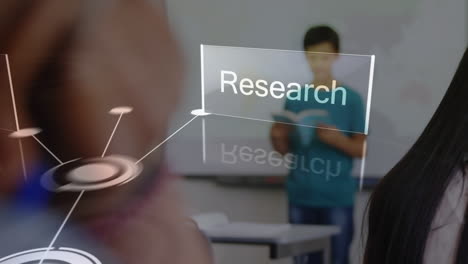 animation of network of connections over biracial student in class