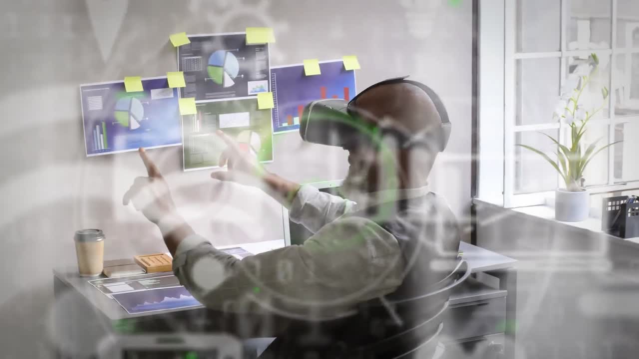 Animation of data processing and social media icons over african american man wearing vr headset