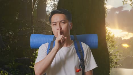 man in forest, hiking trip