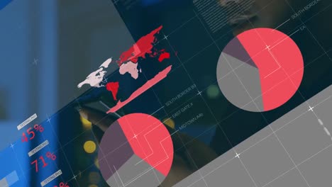 animación del procesamiento de datos estadísticos contra la sección media de un hombre que usa un teléfono inteligente en la oficina