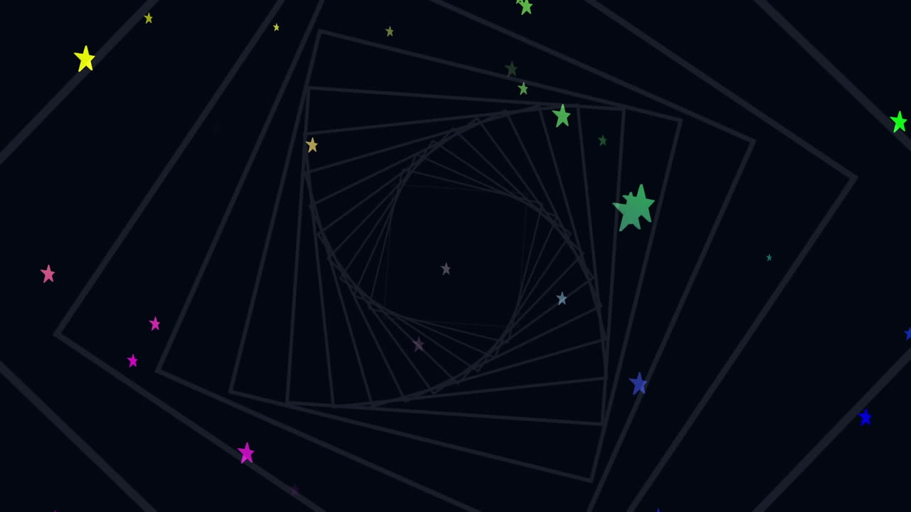 Animation of multi colour stars moving on spinning spiral background