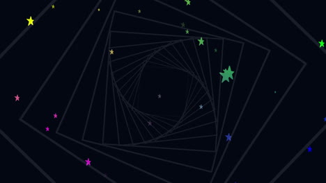 animation of multi colour stars moving on spinning spiral background