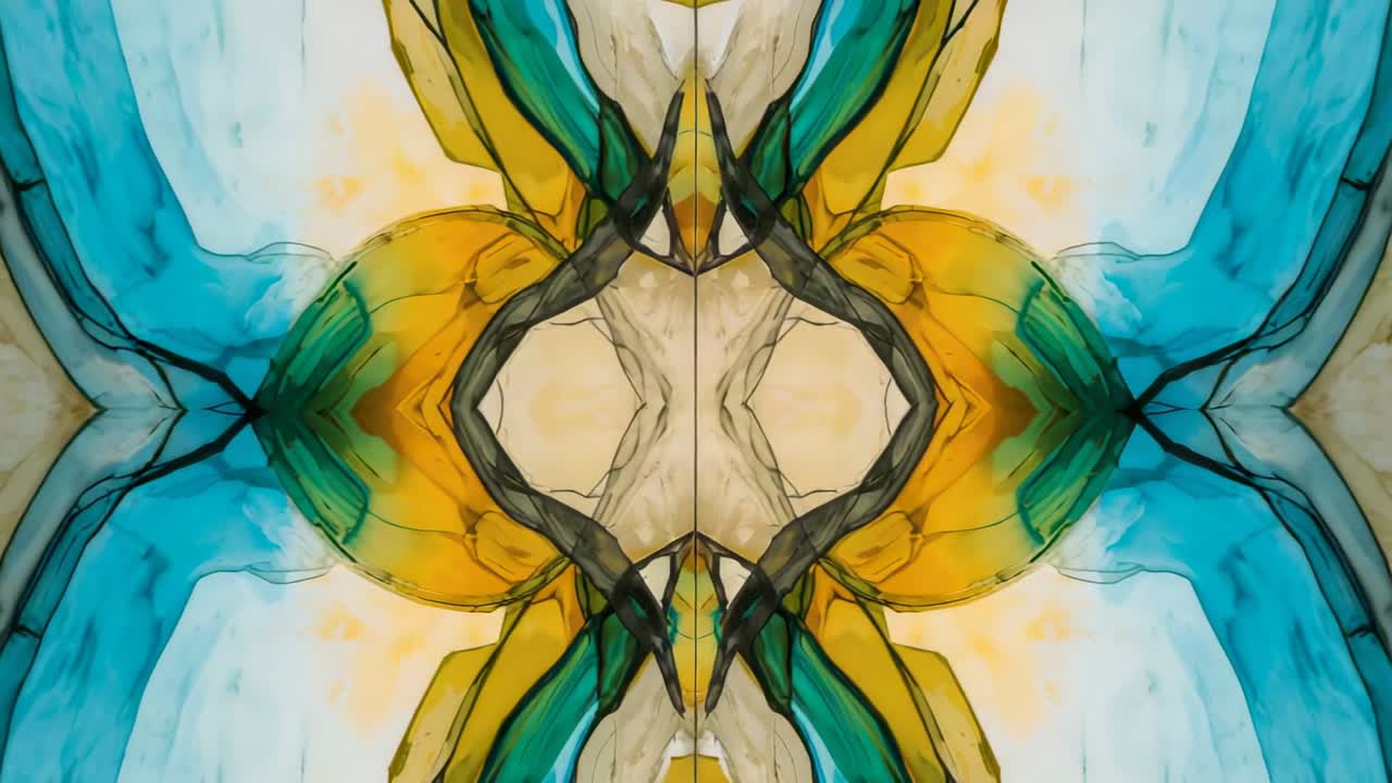 Opening ink kaleidoscope shrinking inverting expanding with ink shapes completing cycle on canvas