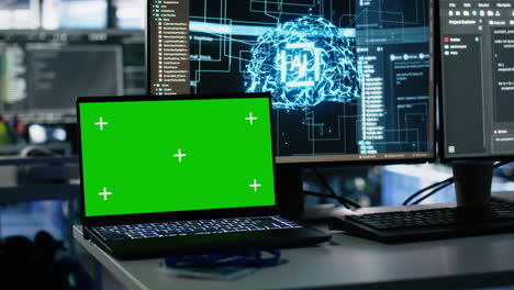 close up of mockup laptop in data center doing neural network visualization