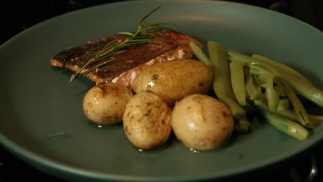 Plato-De-Salmón-Rojo-Bañado-Con-Patatas-Nuevas-Y-Judías-Verdes