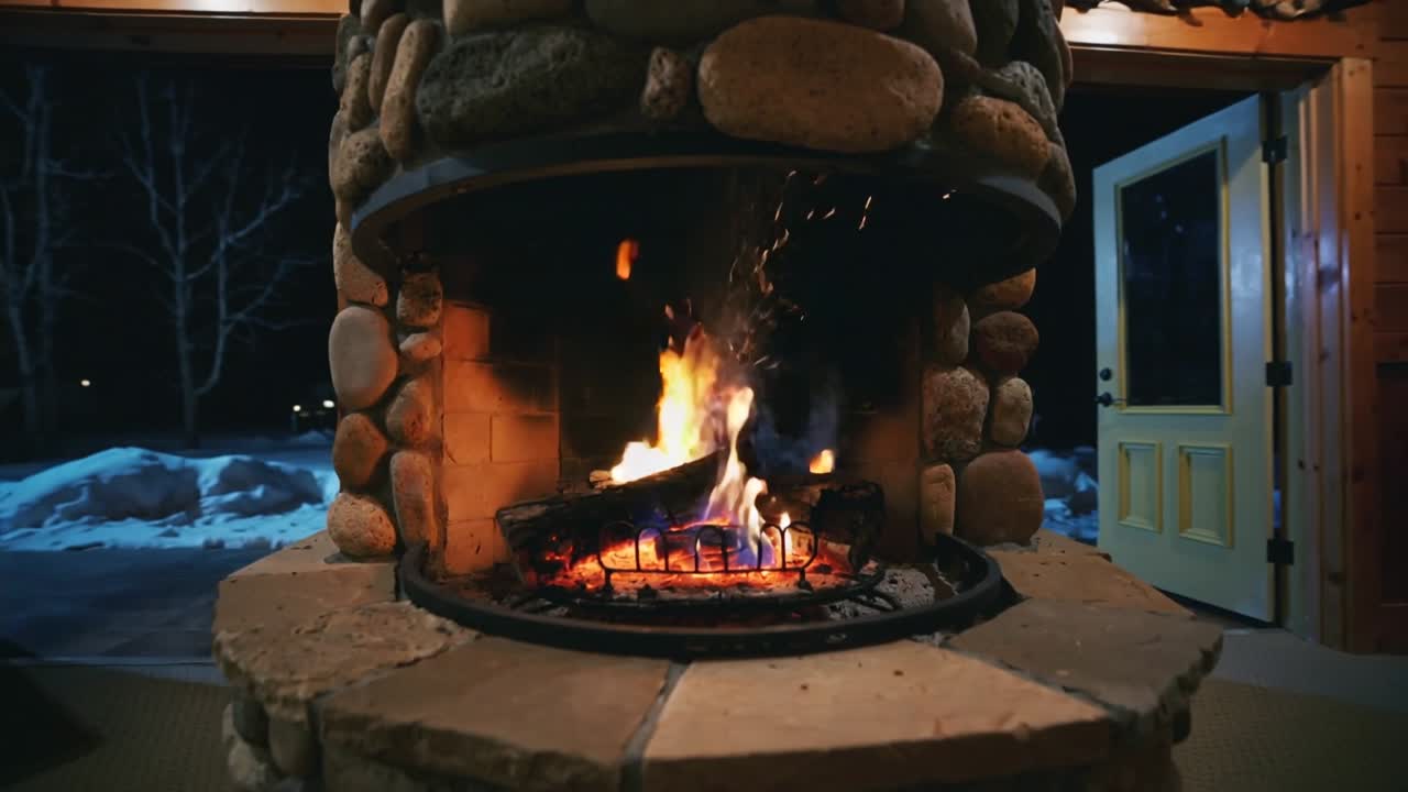 Una chimenea redonda de piedra crepitando, enviando chispas y brasas en una cabaña de madera, con la corriente de aire de la puerta avivando los leños.
