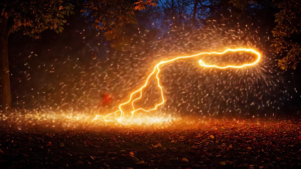 Captivating Display of Dynamic Energy: A Visual Journey Through Sparkling Electricity and Autumn Leaves in Motion