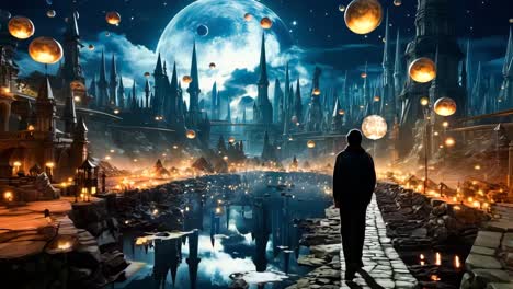 a man standing in front of a city at night with a full moon in the sky