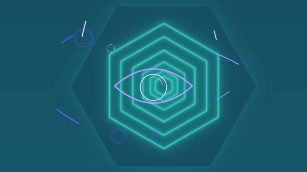 Animation of lines moving around eye and circles over hexagon pattern against blue background