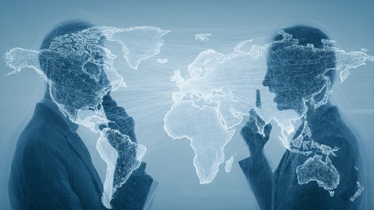 Silhuetter af virksomheder over et glødende verdenskort, der illustrerer global kommunikation, internationale partnerskaber og moderne virksomhedsnetværk, som fremmer digitalt samarbejde og vækst.