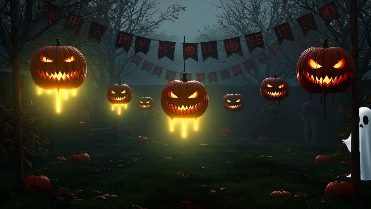 A Spooky Halloween Scene Featuring Glowing Jack-o'-Lanterns and a Ghost in a Dark Forest, Creating an Eerie Atmosphere Perfect for the Holiday