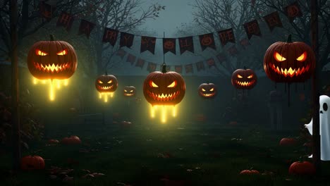 a spooky halloween scene featuring glowing jack-o'-lanterns and a ghost in a dark forest, creating an eerie atmosphere perfect for the holiday
