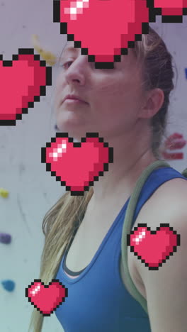 múltiples iconos de corazón rosa flotando contra el retrato de una mujer en forma caucásica en el gimnasio