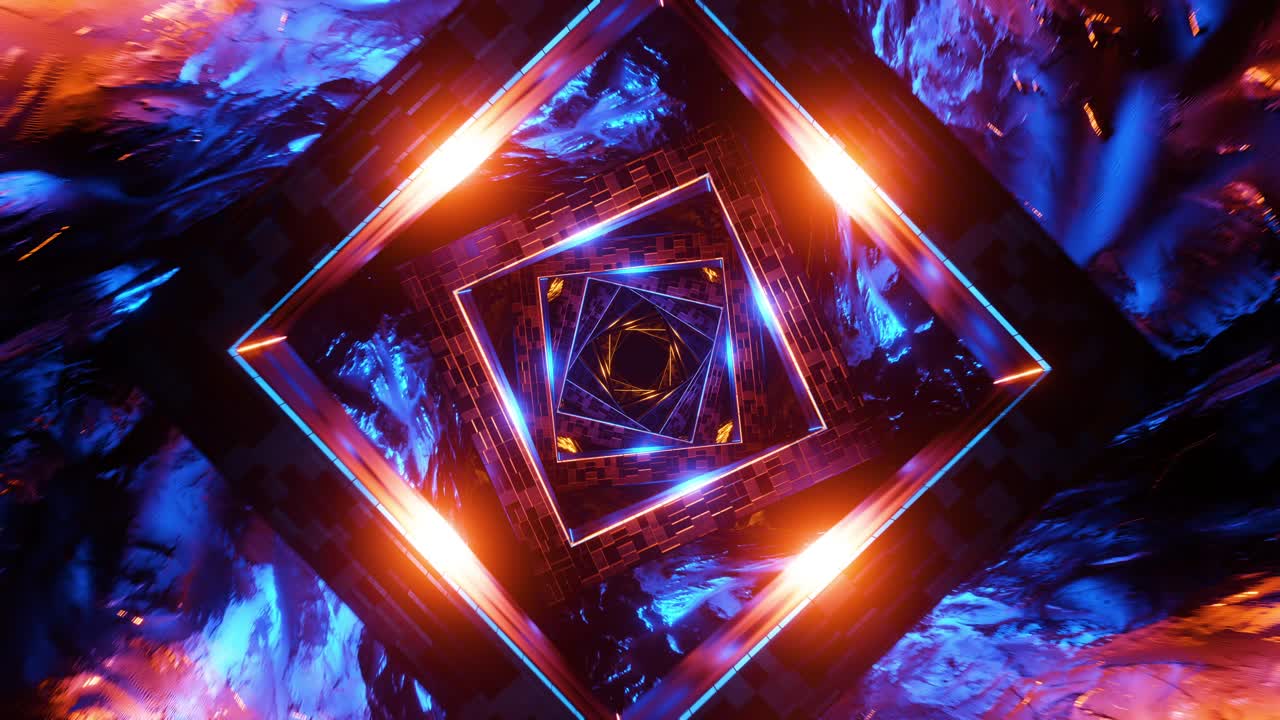 volando en un túnel futurista a través de cubos brillantes. animación en bucle infinito