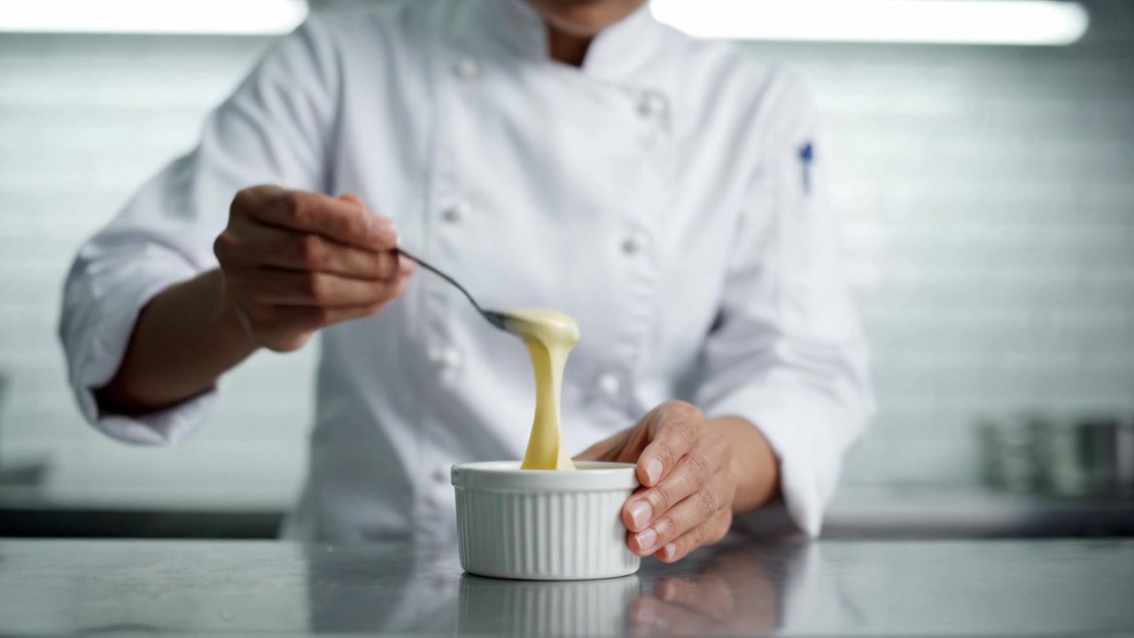 Uno chef prepara delicatamente un ramequin in una cucina moderna, mostrando precisione e abilità culinarie mentre guarnisce con cura e finezza per un piatto squisito