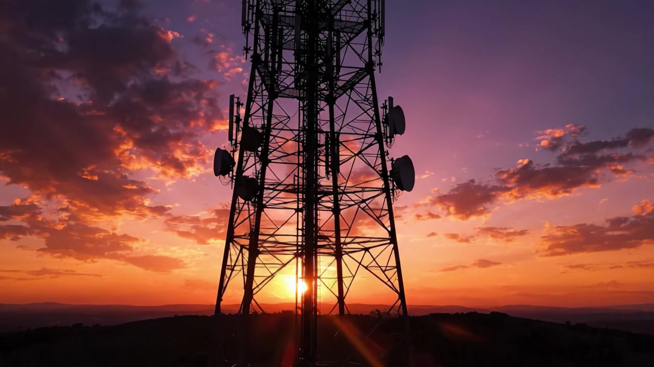 Betagende solnedgang over et kommunikationstårn: Et imponerende skue af naturens skønhed og menneskelig ingeniørkunst i harmoni
