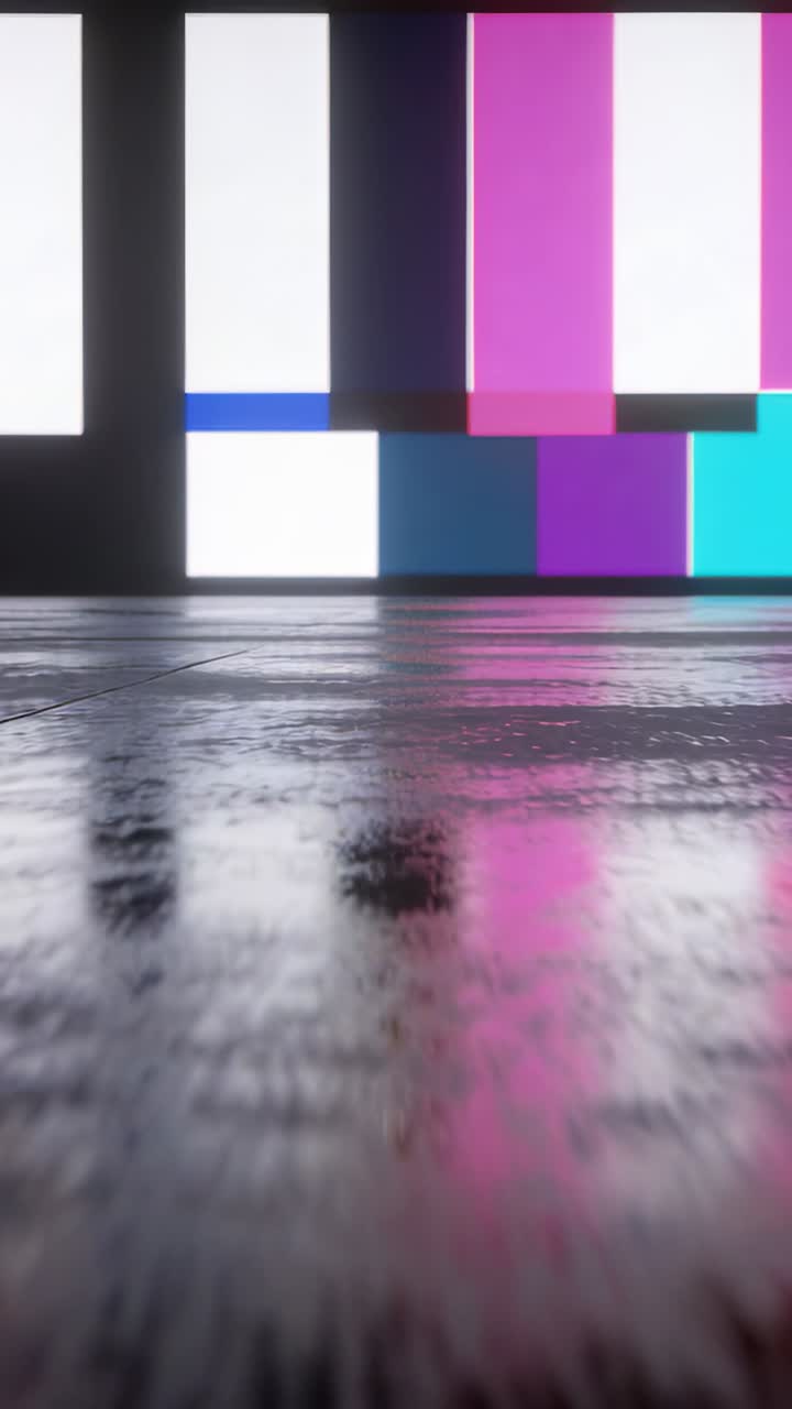 Video verticale: Pannello LED ciclico che mostra barre SMPTE, proiettando un bagliore luminoso sul pavimento in studio per un test.