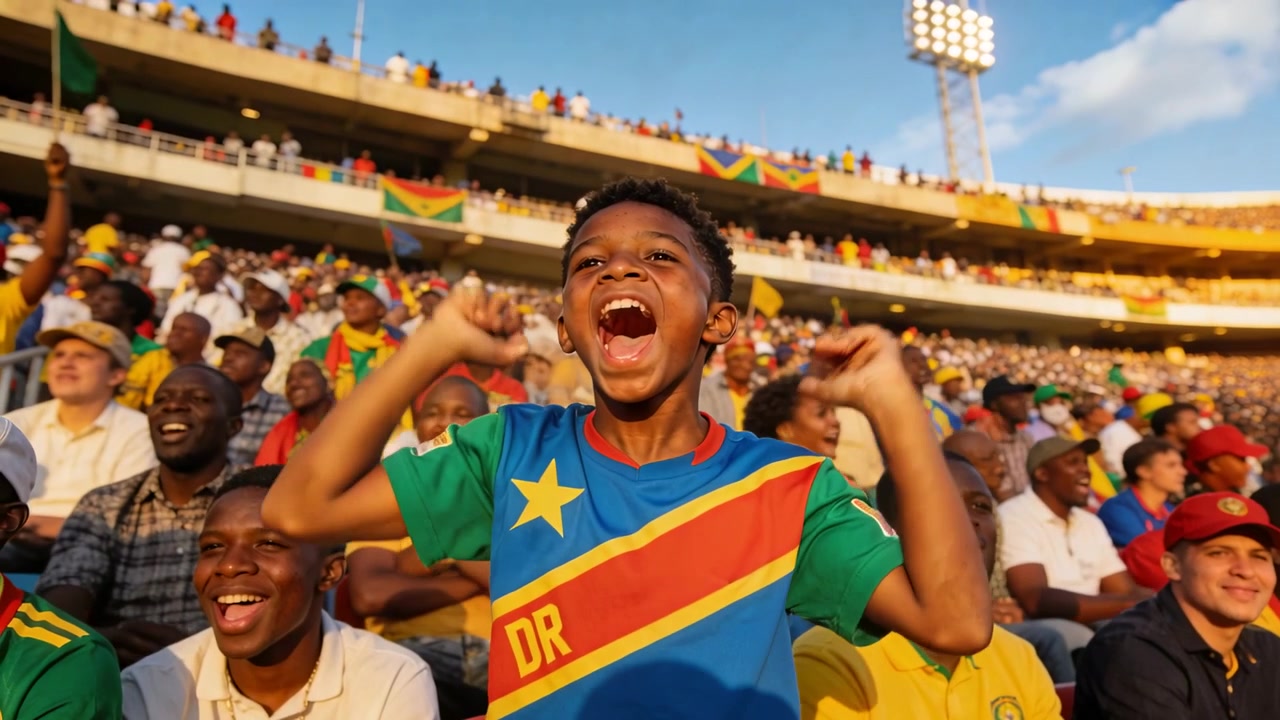 Bambino che esulta, con una maglia blu-verde, sugli spalti dello stadio dopo una grande giocata in campo, con i pugni alzati.