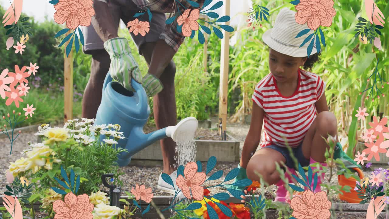 Animación de flores sobre un feliz padre e hija afroamericanos regando plantas en el jardín